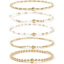 Gold Beaded Bracelet Stack For Women Dainty Cute 14K Gold Plated Seed Beads Crystal Colorful Stackable Bracelets Jewelry Accessories Elastic Stretch Boho Fashion Birthday Friendship Gift - 白色 - 查看 1