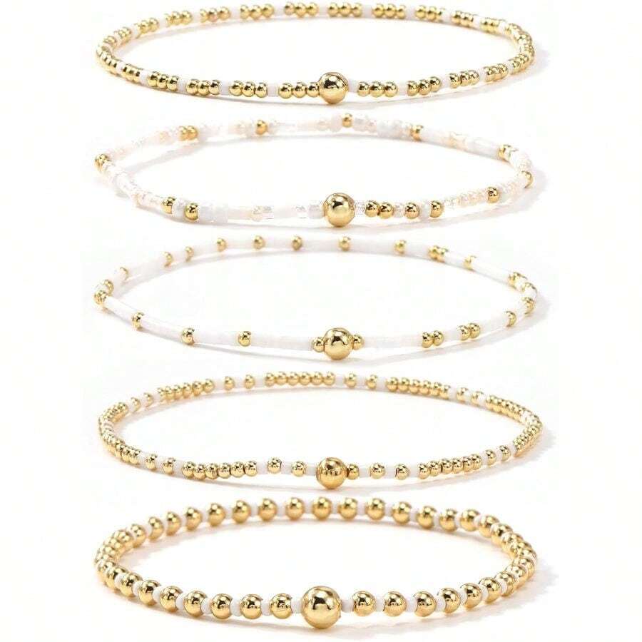 Gold Beaded Bracelet Stack For Women Dainty Cute 14K Gold Plated Seed Beads Crystal Colorful Stackable Bracelets Jewelry Accessories Elastic Stretch Boho Fashion Birthday Friendship Gift - 白色 - 查看 1