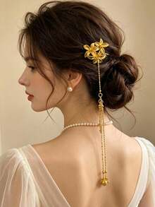 1件女款奢華金色花卉流蘇髮簪，復古優雅搖曳流蘇盤髮髮夾，新娘伴娘與晚宴派對髮飾 - 金色 - 查看 1