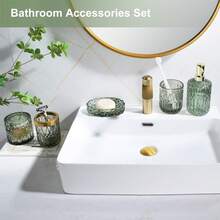 5pcs Transparent Glass Bathroom Accessories Set, Including Soap Dispenser, Soap Dish, Toothbrush Holder, Tumbler, Cotton Swab Box, Suitable For Retro Crystal Bathroom Decor - Multicolor - View 5