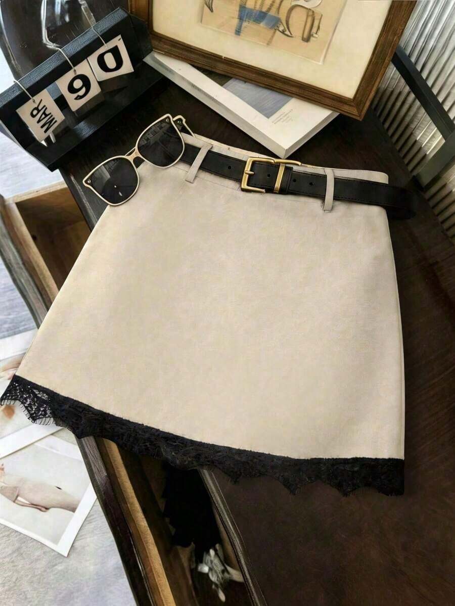 Minifalda de línea A con adorno de encaje para mujer, gris, para oficina/uso diario - Caqui - Ver 1
