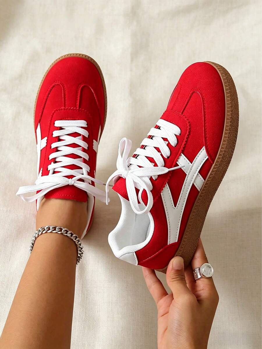 2026 New Retro Suede Sneakers Women, Blue White Casual Lace-Up Trainers, Comfortable Non-Slip Chunky Sole Running Shoes - 紅色 - 查看 1