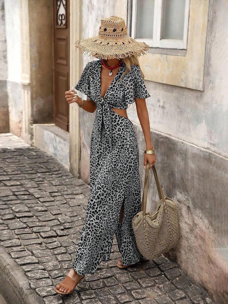 xheBrillora Vestido de vacaciones casual, elegante y romántico con estampado y calado para mujerxhe - Blanco y Negro - Ver 1