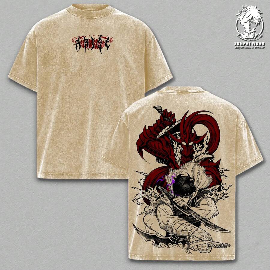 Sung Jinwoo T-Shirt – Leveling Oversized Anime Graphic Tee, Thick Cotton T-Shirt With Acid Wash Effect, Vintage Manhwa Streetwear, Unisex Casual Wear, Anime Merchandise, Gift For Anime Fans - 杏色 - 查看 1