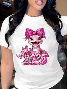 New Arrival,Women's Casual Round Neck Short Sleeve T-Shirt With Hello , Year Of The Snake! Regular Length - All Seasons, Women's Casual Tee For Adult, - White - View 1