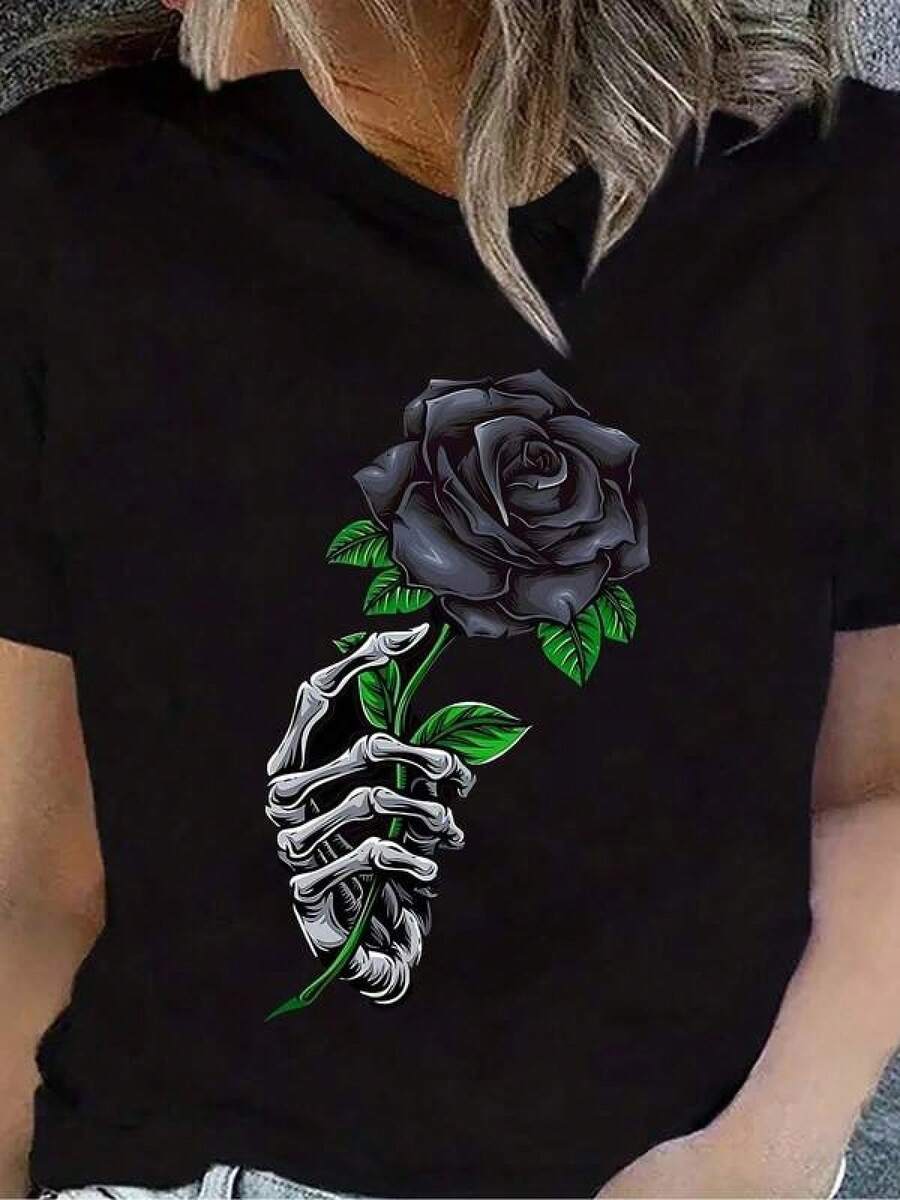 Women's Cotton Crew Neck T-Shirt With Print, Unique Y2k Style T-Shirt With Skeletal Hand Holding A Black Rose Design Highlights Your Personality And Originality, Perfect For Lovers Of Gothic Art And Alternative Fashion, Ideal For Any Special Or Casual Occasion - 黑色 - 查看 1