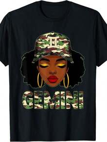 1 pieza de  playera para hombre y mujer, 100% algodón puro, cuello redondo casual con estampado, manga corta transpirable para uso diario, mujer gemelos, reina negra, chica africana con sombrero de camuflaje - Negro - Ver 1