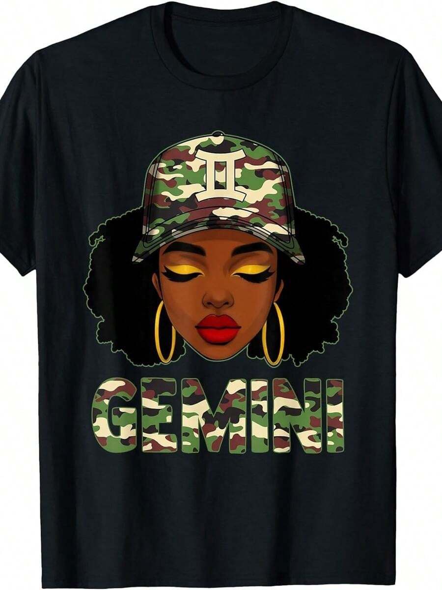 1 pieza de  playera para hombre y mujer, 100% algodón puro, cuello redondo casual con estampado, manga corta transpirable para uso diario, mujer gemelos, reina negra, chica africana con sombrero de camuflaje - Negro - Ver 1