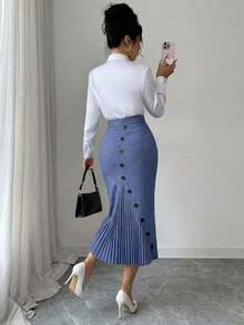 Falda lápiz plisada elegante y ajustada para mujer - Azul - Ver 1