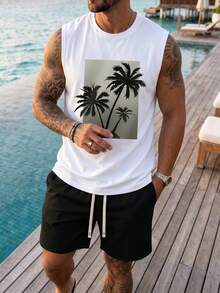 JINYA Men's Summer Casual Vacation Streetwear Vintage American Style Black Coconut Tree Silhouette Tank Top And Shorts Beach Set, Suitable For Outdoor - Multicolor - View 2