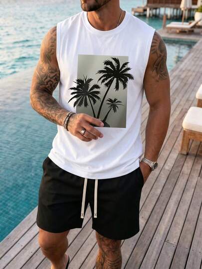 Conjunto de camiseta de tirantes y pantalones cortos de estilo vintage americano con silueta de árbol de coco negro, para hombre, adecuado para uso en casa, al aire libre, ciudad, regular, ropa urbana, casual, vacaciones, juventud, campus, retro, versátil, texturizado, personalizado, ropa deportiva