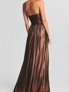 Vestido fiesta corsé sin mangas pliegues con abertura elegante estilo europeo mujer - Marrón - Ver 7