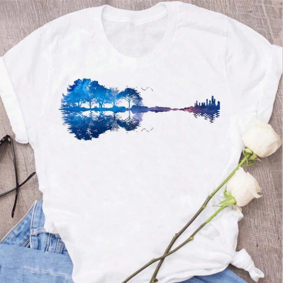 Camiseta Harajuku divertida con nota musical para mujer, Tops musicales, de manga corta Camiseta negra, camisetas informales para mujer - Blanco - Ver 1