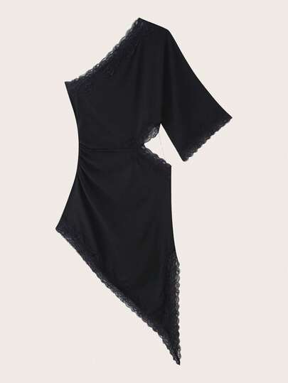 Vestido mini elegante negro de mujer con encaje y parches, sexy para fiesta