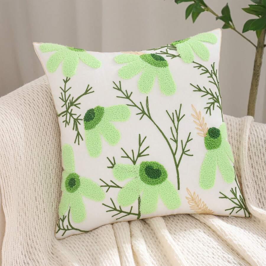 1個帆布葉子與花朵刺繡抱枕套 - 綠色 - 查看 1