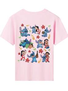 Disney Lilo And Stitch Characters Double-Sided Printed Pattern T-Shirts For Girls - Children's Clothing Design Short-Sleeved Casual And Cute Style Comfortable And Casual Wear All Year Round Suitable For Parties And Play Machine Washable Gift Children's Clothing Girls' Short-Sleeved Shirts - 粉色 - 查看 3