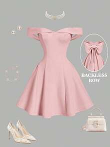 Women's Solid Color Mini Dress With Bow And Open Back - Dark Grey - View 4
