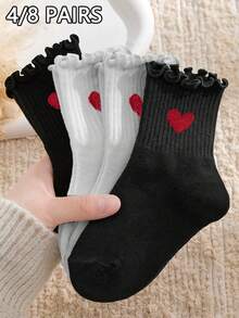 8/4 pares de calcetines de mujer con dobladillo floral con volantes de unicolor, suaves y cómodos, adecuados para uso diario, festivales, exteriores, todas las estaciones - Multicolor - Ver 1