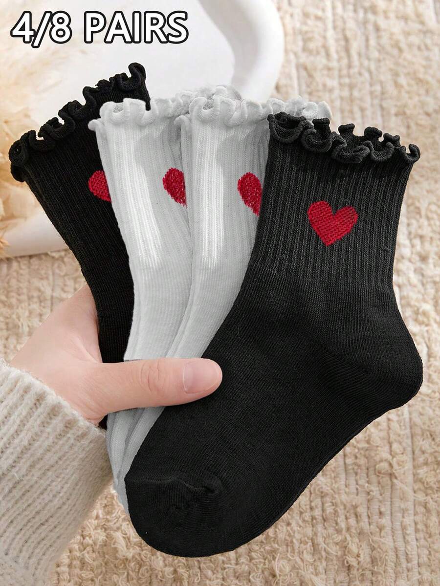 8/4 pares de calcetines de mujer con dobladillo floral con volantes de unicolor, suaves y cómodos, adecuados para uso diario, festivales, exteriores, todas las estaciones - Multicolor - Ver 1