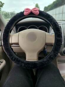 1 pieza Hermosa cubierta de volante de coche con lazo rosa sin anillo interior, de felpa, disponible en múltiples colores, se ajusta a vehículos de 14.5-15 pulgadas, accesorios de interior de coche, cubierta de volante de felpa, adecuada para todas las estaciones, disponible en múltiples estilos, decoración de coche, accesorios de coche - Arco - Ver 4