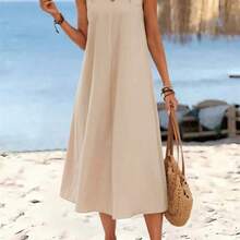 YijiaNvz  Vestido largo de verano para mujer con cuello en V sin mangas y hebilla circular de unicolor. Vestidos de verano de algodón casuales sin mangas para mujer. Vestidos de verano casuales para mujer. Vestidos de verano para mujer. Vestidos casuales sin mangas de longitud midi de algodón para mujer. - Amarillo - Ver 6