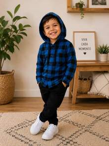 Long-Sleeved Flannel Plaid Shirt - Camisa con capucha a cuadros azules - Ver 2