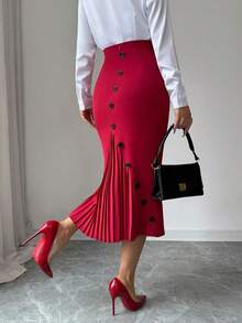 Falda lápiz plisada elegante y ajustada para mujer - Rojo - Ver 4