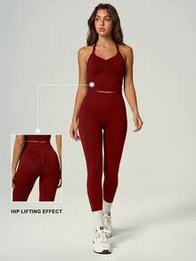 UONNOU Set Pakaian Olahraga Wanita Model Halter Neck, V-Neck, dengan Detail Kerut di Bagian Depan & Legging Pengencang Perut Pinggang Tinggi, Bahan Peach, Elastisitas Tinggi dan Sangat Lembut - Merah - View 2