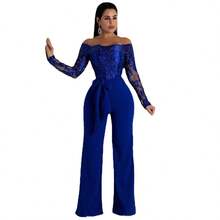 SJ3227 Women's Casual Water-Soluble Lace Off-Shoulder Wide-Leg Jumpsuit 7 Colors - 藍色 - 查看 6