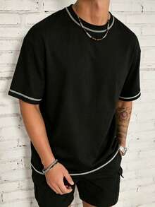 GRDR Men's Summer Fashion Line Design Round Neck Short Sleeve T-Shirt, Stylish Minimalist Commuting Versatile - Black - View 1