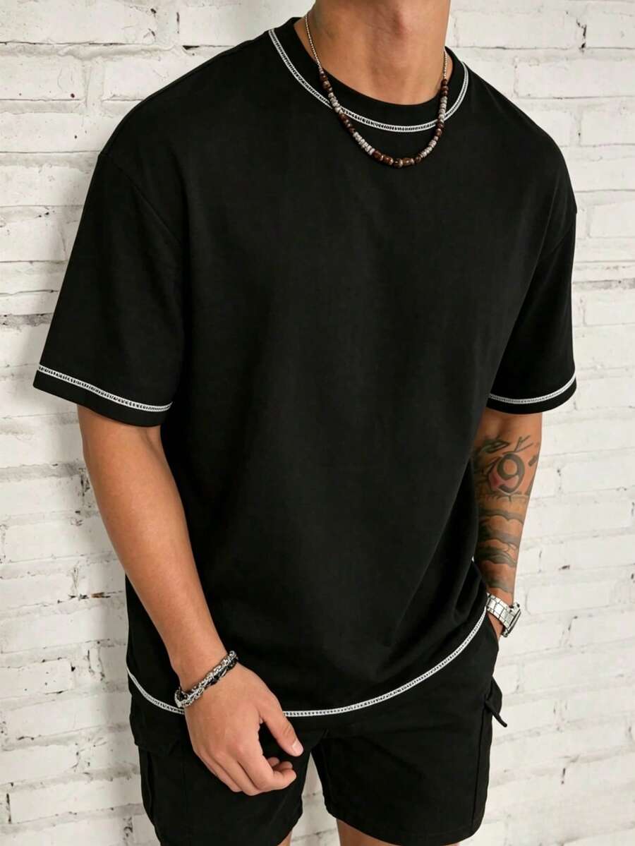 GRDR Men's Summer Fashion Line Design Round Neck Short Sleeve T-Shirt, Stylish Minimalist Commuting Versatile - Black - View 1