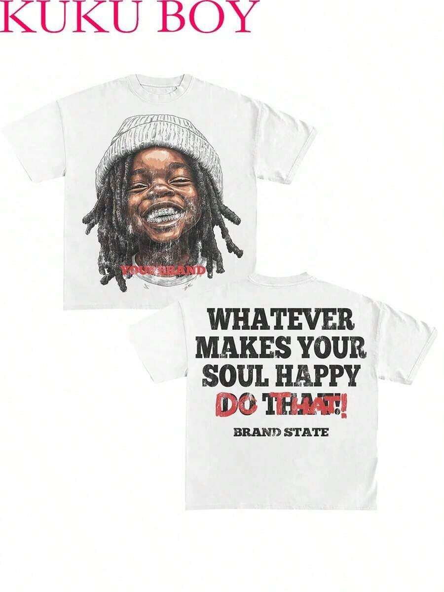 Y2K Style: Do What Makes You Happy, Go For It! Cotton T-Shirt (220g) - Soft, Breathable, 100% Pure Cotton - Summer Urban Style Short Sleeve T-Shirt, Comfortable And Energetic, Cool, Retro Design, For Men's Everyday Wear - 白色 - 查看 1