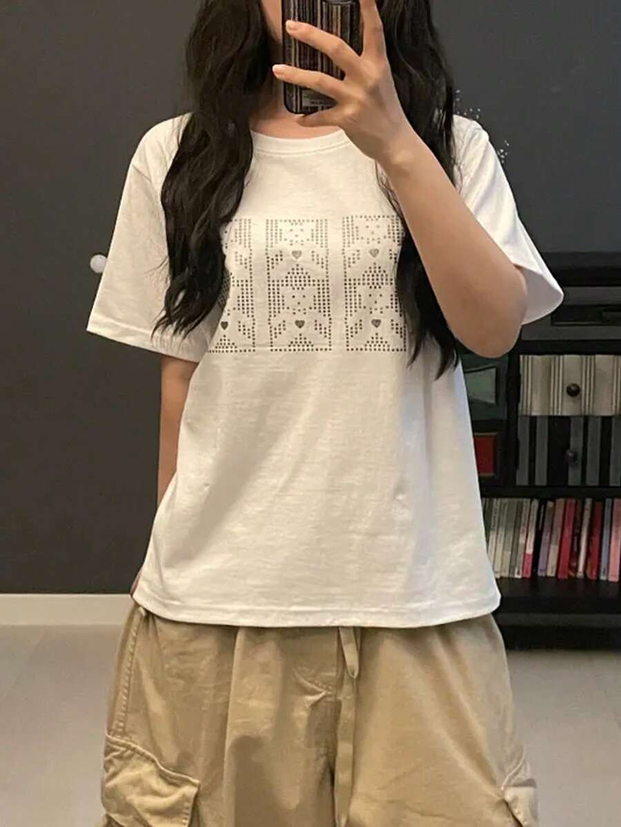 Women's Summer Fashion Short-Sleeved T-Shirt, Versatile Loose-Fitting Round Neck Top - White - View 1