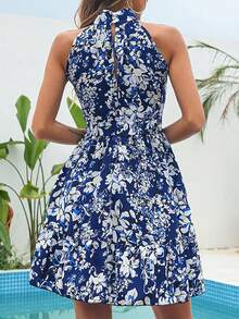 Elegant Floral Dress Spring Summer 2026, Ruffled Drawstring Wide Skirt For Women - 寶藍色 - 查看 4