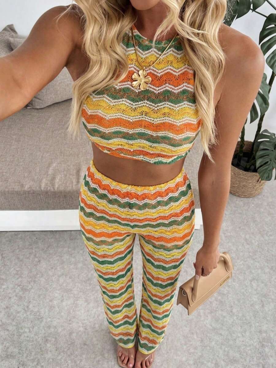 Summer New Colorblock Striped Slim Fit 2 Pieces Set, Sheer Knit Outfit, Flattering And Height-Enhancing, Hot Girl Party And Gathering - Yellow - View 1