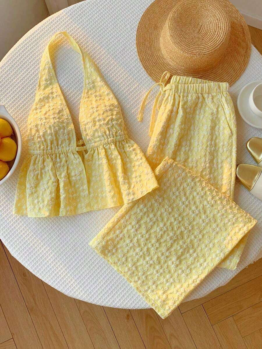 2 piezas Conjunto casual de vacaciones para mujer con top halter sin espalda y pantalones en color caqui tejido - Caqui - Ver 1
