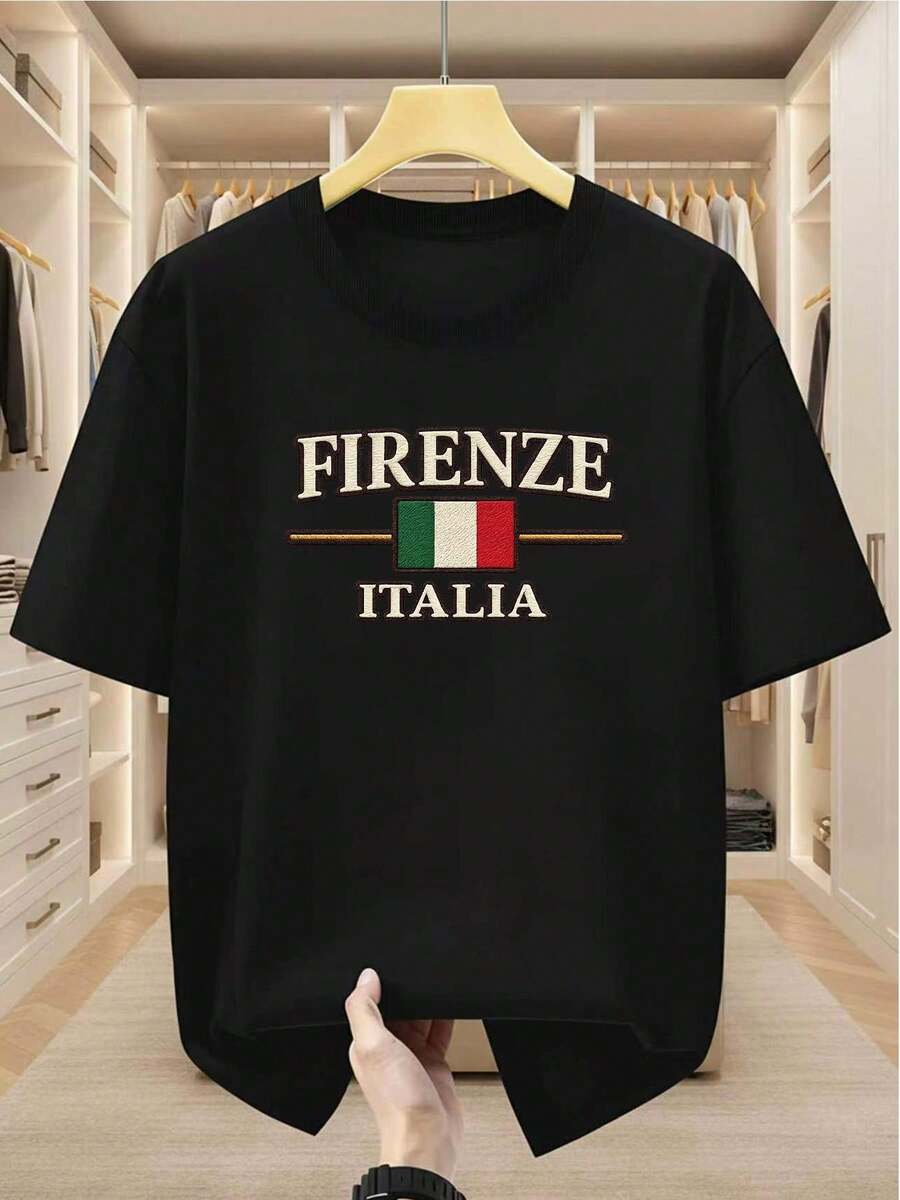 Camiseta de Hombre Talla Grande 100% Firenze Italia Estampado Gráfico de la Bandera Italiana Cómoda Casual Camiseta de Manga Corta para Verano - Negro - Ver 1