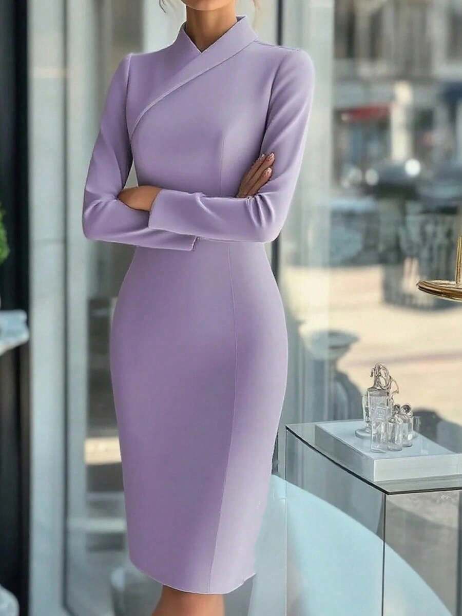 Falda tubo larga ajustada de cuello alto y manga larga para mujer, nueva moda de color liso 2026 - Azul lavado medio - Ver 1