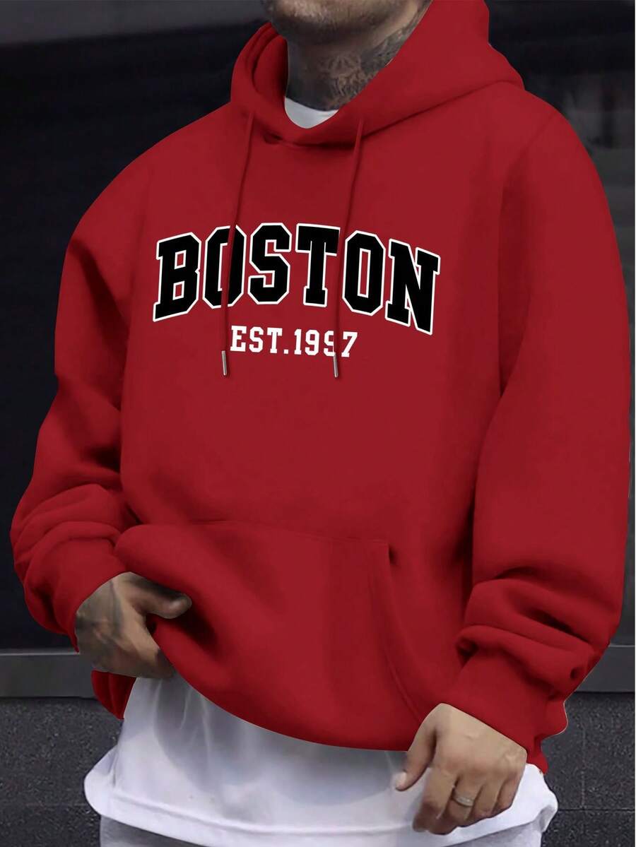 Men's Hoodie With BOSTON Letter Print, Casual Men's Sweatshirt. - 紅色 - 查看 1