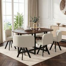 Dining Table And Chair Set For People, Consisting Of A Dining Table And Chairs With Linen Upholstery, Suitable For Kitchens And Dining Rooms - 米色 - 查看 2