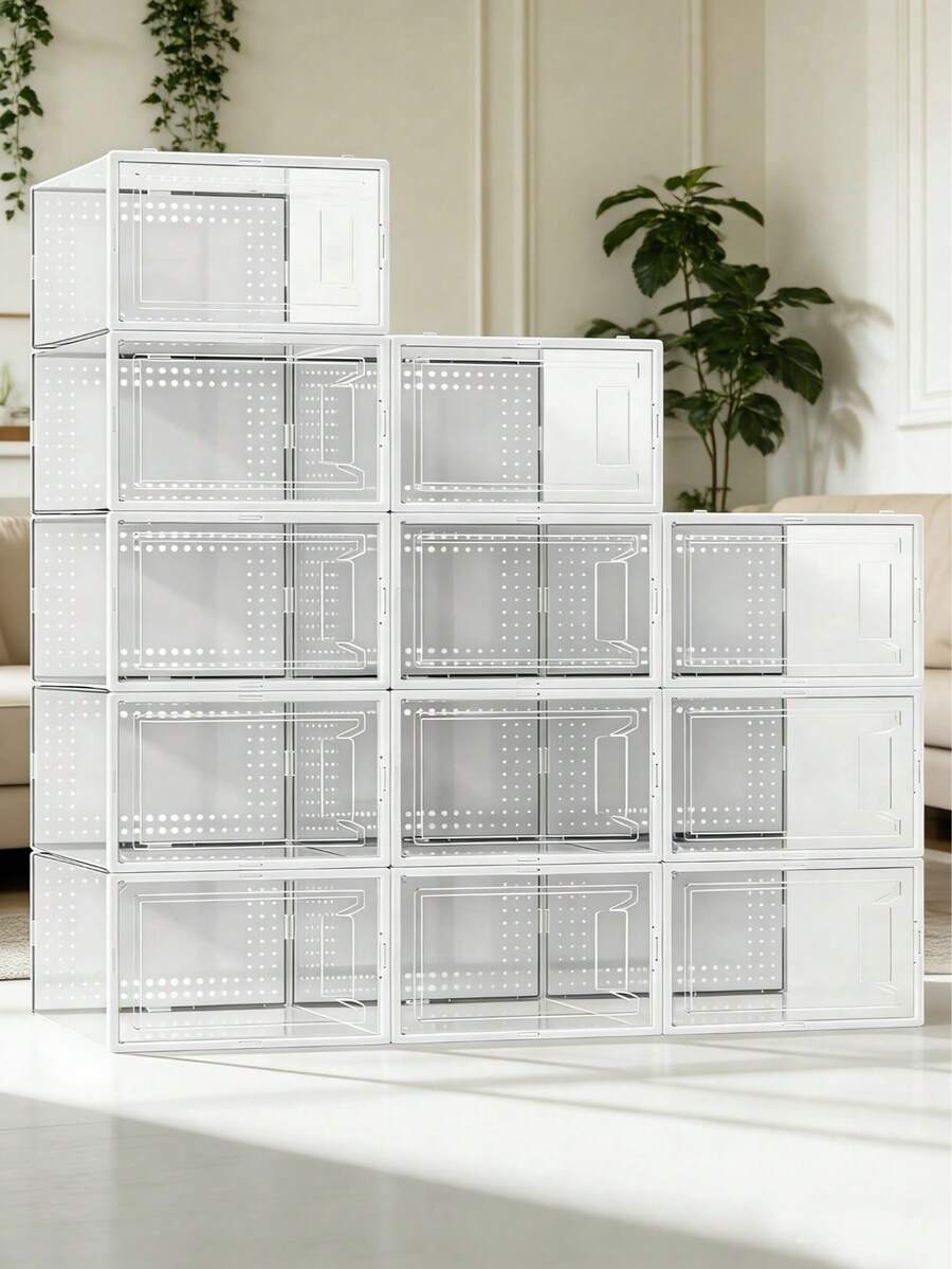12 Pack Large Shoe Storage Organizer For Closet, Modular Space Saving Shoe Boxes Clear Plastic Stackable Containers Display Case Bins With Lids, Shoe Rack For Sneaker Storage