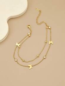 1pc Fashionable Smooth Butterfly Double-Layer Stainless Steel Anklet/Bracelet, Stainless Steel Jewelry, Gold Jewelry, Women's Summer Jewelry, Beach, Holiday Jewelry, Charm, Western Jewelry, Women's Beach Accessories, Gift, Birthday Gift - Yellow Gold - View 3
