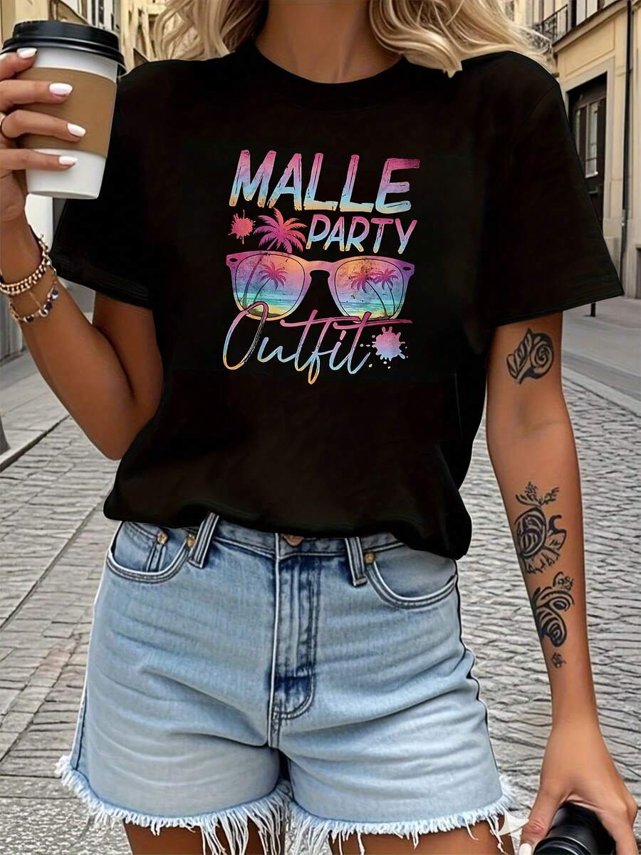 Women's Printed T-Shirt, Sweet And Fresh Style For Holidays, MALLE PARTY Set With Text Print, Short Sleeve Crew Neck T-Shirt For Women, Spring/Summer, Casual For Shopping, Holiday Gift, Outfit For Friends Gatherings And Vacation, Summer Shirt. - 黑色 - 查看 1