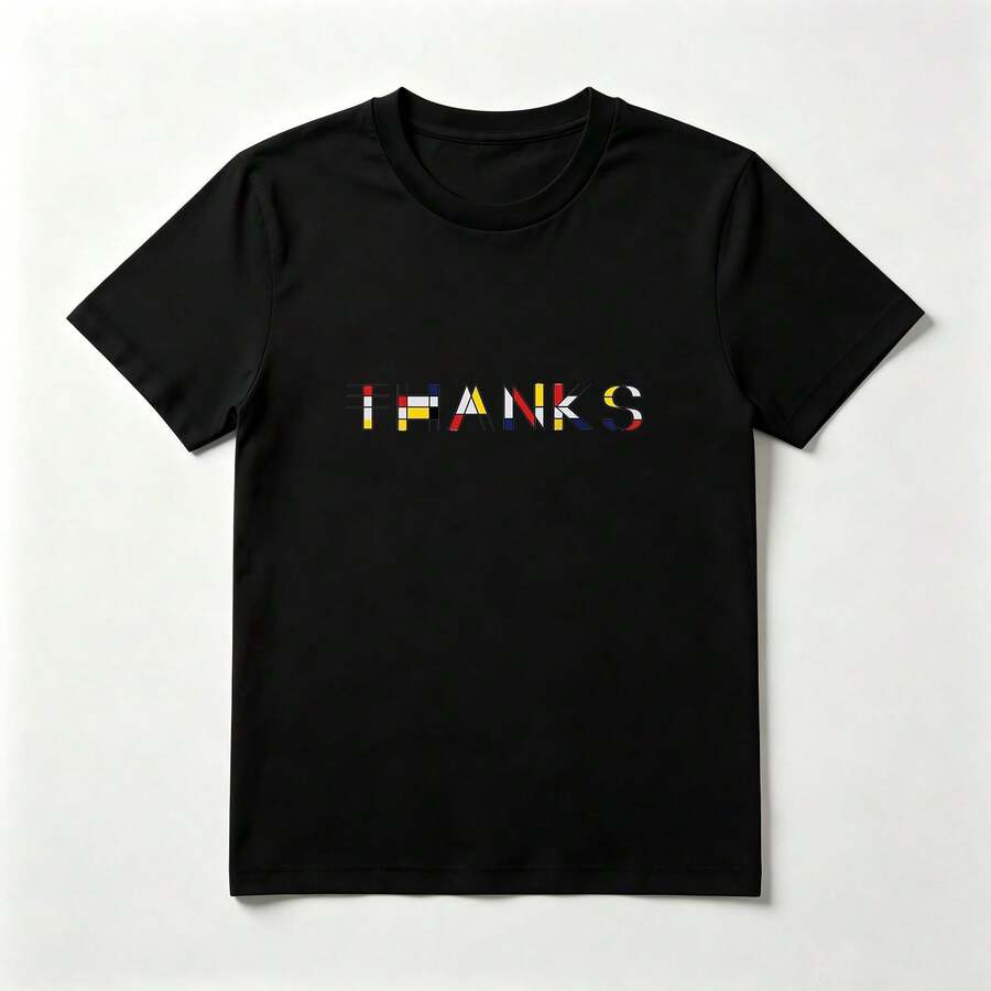 Diseño Geométrico Multicolor Playera de Algodón Negro con Letras Minimalistas - Negro - Ver 1