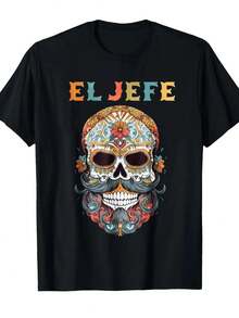 Camiseta negra casual de 180g para hombre con estampado de calavera colorida EL JEFE, adecuada para fiestas, festivales y uso diario.Transpirable, lavable a máquina y hecha de 100% algodón estampado.Ropa casual, atuendo de fiesta, camiseta de declaración, tela transpirable - Negro - Ver 1