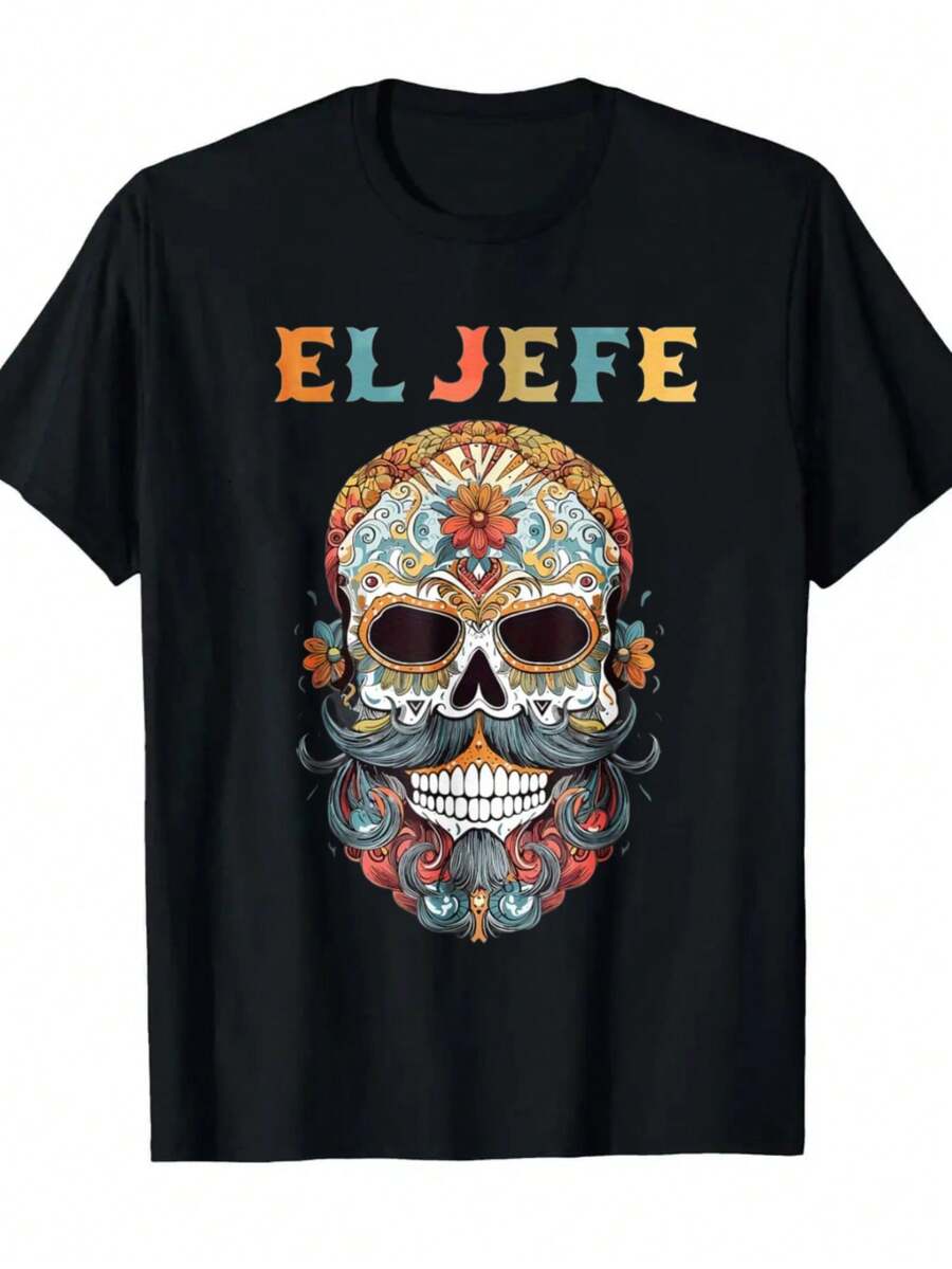 Camiseta negra casual de 180g para hombre con estampado de calavera colorida EL JEFE, adecuada para fiestas, festivales y uso diario.Transpirable, lavable a máquina y hecha de 100% algodón estampado.Ropa casual, atuendo de fiesta, camiseta de declaración, tela transpirable - Negro - Ver 1