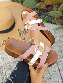Fashion Square Buckle Decor Color Block Hollow Out Women Platform Wedge Comfortable Slip-On Sandals, Pink Thick Sole Slides, Vacation Style For Summer Daily Wear, Plus Size - Pink - View 2