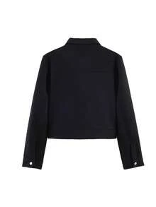 Women's Fashionable Black Soft Woolen Jacket, Front Zipper, Dual Pockets, Lapel Collar, Casual Street Style Outerwear For Autumn/Winter, Effortless Style - Black - View 5