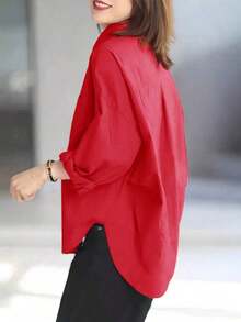de manga larga de unicolor y estilo minimalista para mujer, camisa suelta y holgada de manga larga y solapa para mujer, camisa casual de unicolor con bajo de murciélago, prenda exterior versátil y minimalista para uso diario con protección, color rojo primaveral - Caqui - Ver 8