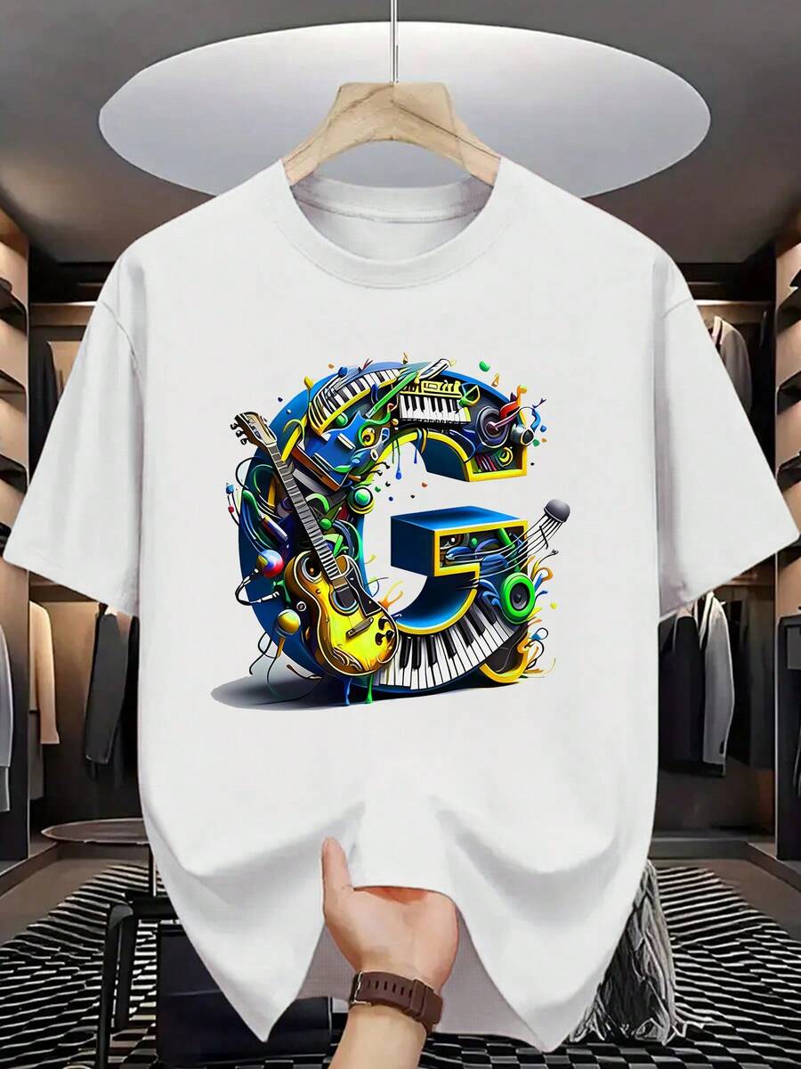 Men's Summer Fashion Short Sleeve T-Shirt With Letter Pattern Print - 白色 - 查看 1